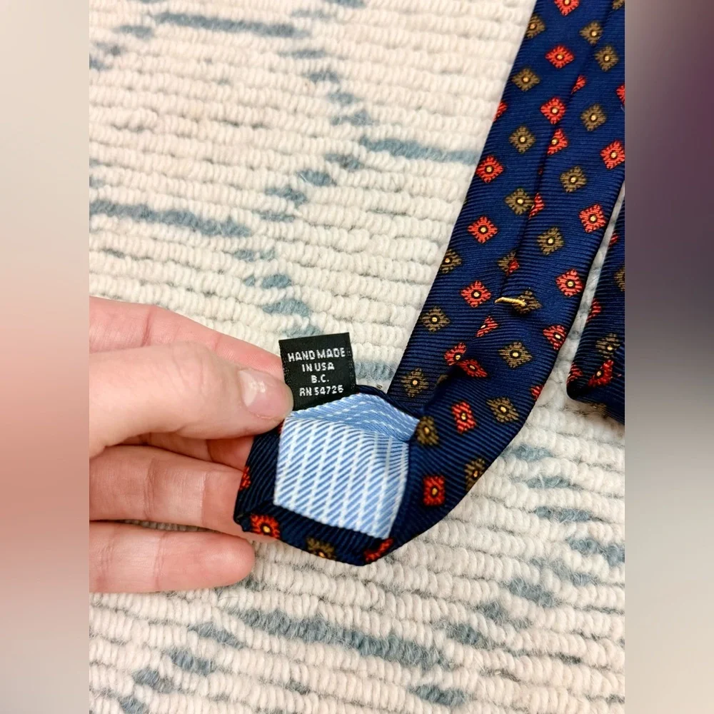 GITMAN BROS Parisian Formal Men’s Silk Tie Navy Blue Orange Medallion Hand Made